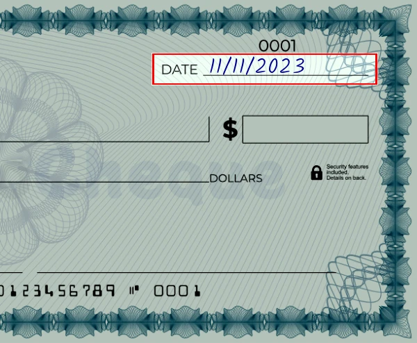 Step 1: Write the date on the 1695 dollar check, showing a blank check with the date field filled as 03/23/2023