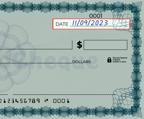 Step 1: Write the date on the 2010 dollar check, showing a blank check with the date field filled as 03/23/2023
