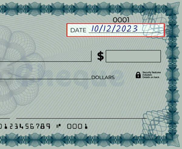 Step 1: Write the date on the 2100 dollar check, showing a blank check with the date field filled as 03/23/2023