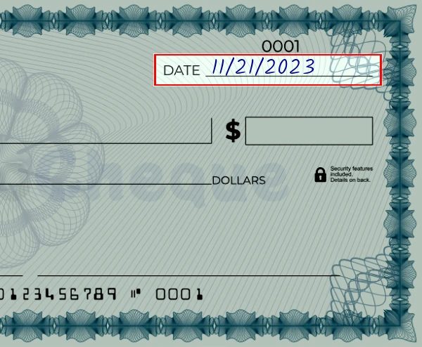Step 1: Write the date on the 403 dollar check, showing a blank check with the date field filled as 03/23/2023