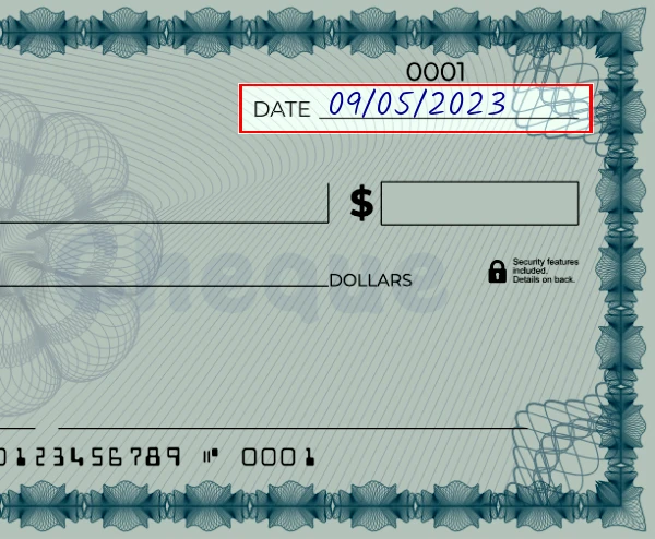 Step 1: Write the date on the 41 dollar check, showing a blank check with the date field filled as 03/23/2023