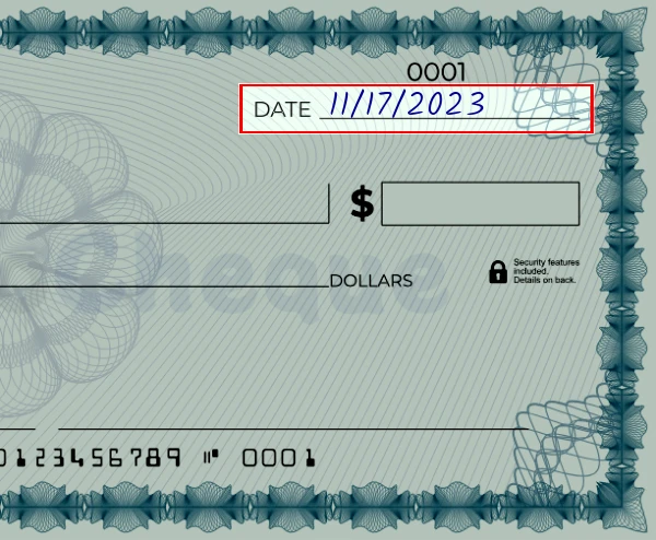 Step 1: Write the date on the 68 dollar check, showing a blank check with the date field filled as 03/23/2023