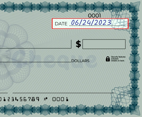 Step 1: Write the date on the 71 dollar check, showing a blank check with the date field filled as 03/23/2023