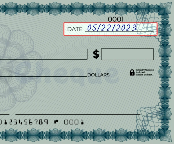 Step 1: Write the date on the 8800 dollar check, showing a blank check with the date field filled as 03/23/2023