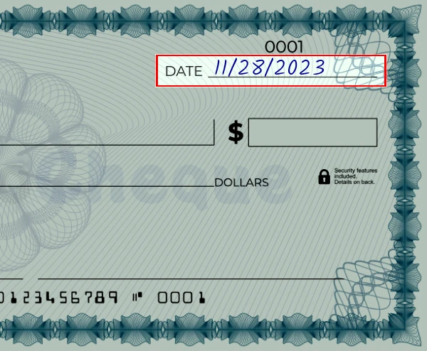 Step 1: Write the date on the 955 dollar check, showing a blank check with the date field filled as 03/23/2023