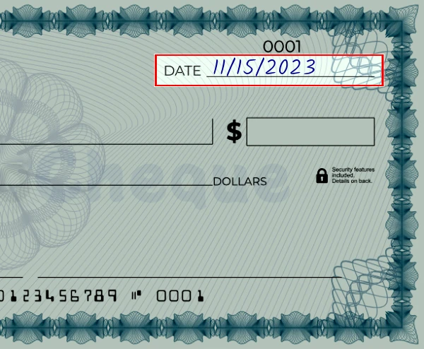 Step 1: Write the date on the 96 dollar check, showing a blank check with the date field filled as 03/23/2023