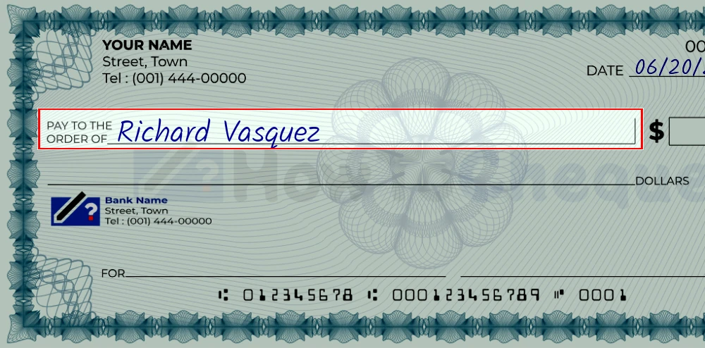 Step 2: Write the payee's name on the 73000 dollar check, showing a check with 'Richard Vasquez' written in the payee field