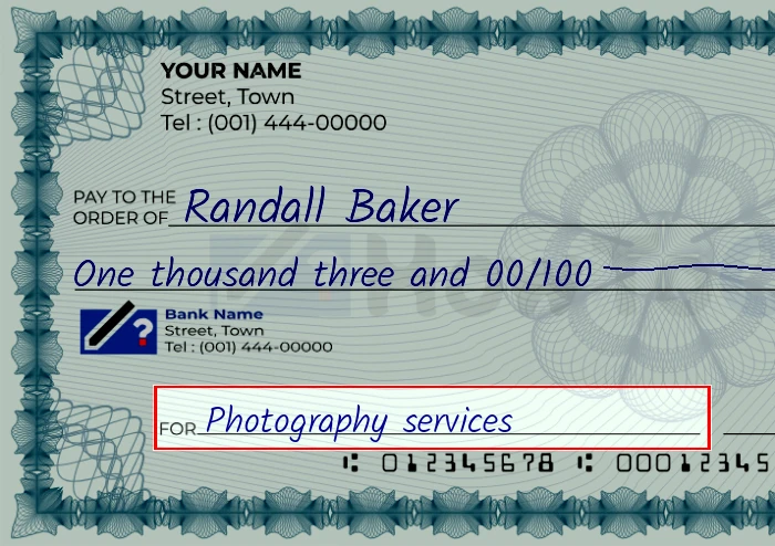 Step 5: Fill out the memo on the 1003 dollar check, showing a check with 'Photography services' written in the memo field