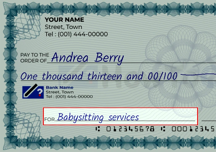 Step 5: Fill out the memo on the 1013 dollar check, showing a check with 'Babysitting services' written in the memo field