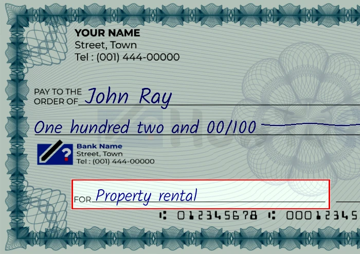 Step 5: Fill out the memo on the 102 dollar check, showing a check with 'Property rental' written in the memo field