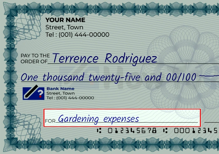 Step 5: Fill out the memo on the 1025 dollar check, showing a check with 'Gardening expenses' written in the memo field