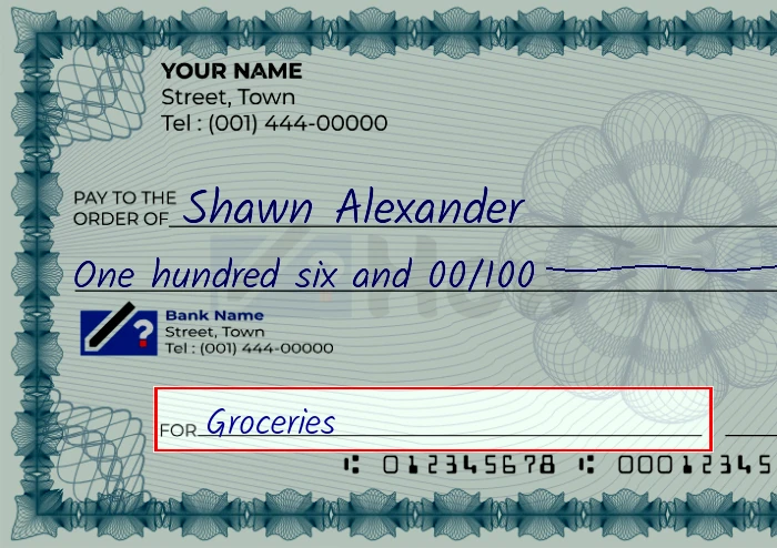 Step 5: Fill out the memo on the 106 dollar check, showing a check with 'Groceries' written in the memo field