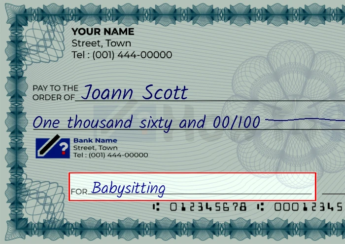 Step 5: Fill out the memo on the 1060 dollar check, showing a check with 'Babysitting' written in the memo field
