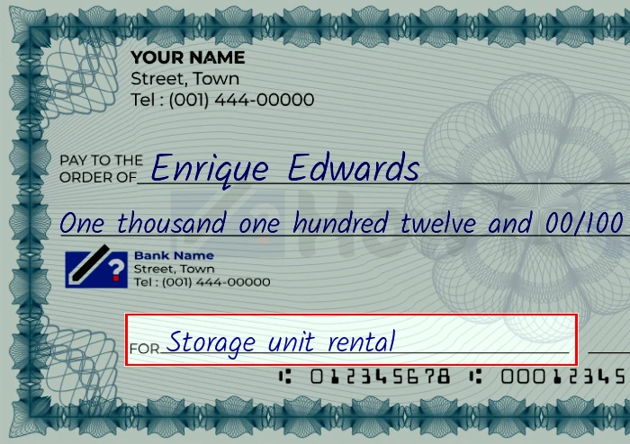 Step 5: Fill out the memo on the 1112 dollar check, showing a check with 'Storage unit rental' written in the memo field