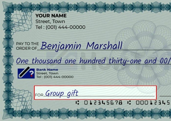 Step 5: Fill out the memo on the 1131 dollar check, showing a check with 'Group gift' written in the memo field