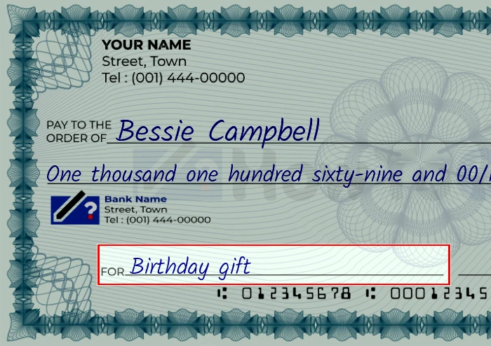 Step 5: Fill out the memo on the 1169 dollar check, showing a check with 'Birthday gift' written in the memo field