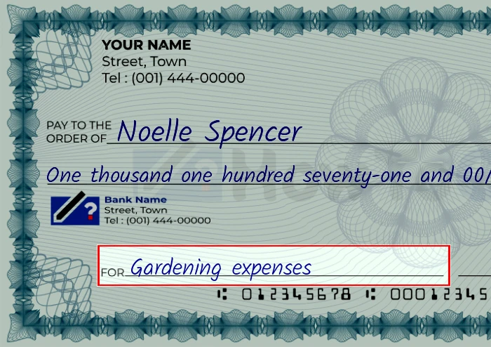 Step 5: Fill out the memo on the 1171 dollar check, showing a check with 'Gardening expenses' written in the memo field
