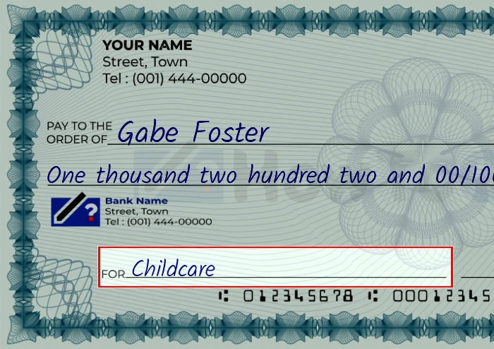 Step 5: Fill out the memo on the 1202 dollar check, showing a check with 'Childcare' written in the memo field