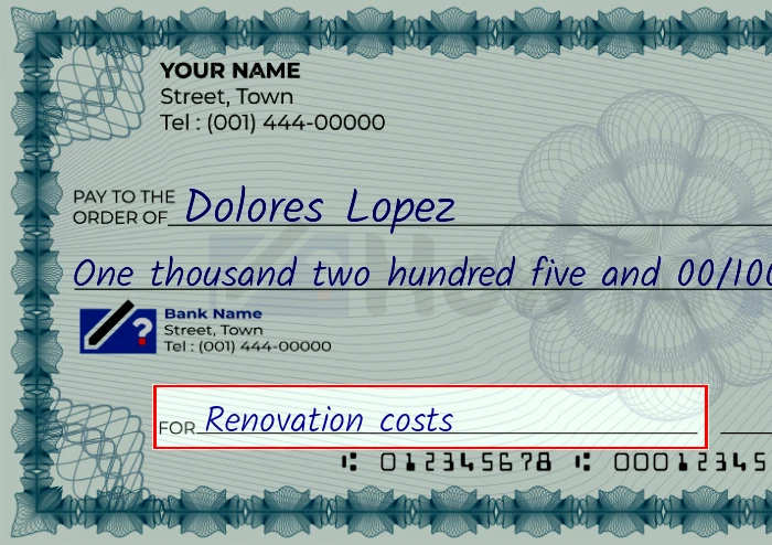 Step 5: Fill out the memo on the 1205 dollar check, showing a check with 'Renovation costs' written in the memo field
