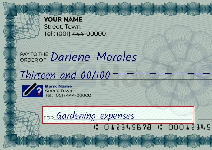 Step 5: Fill out the memo on the 13 dollar check, showing a check with 'Gardening expenses' written in the memo field