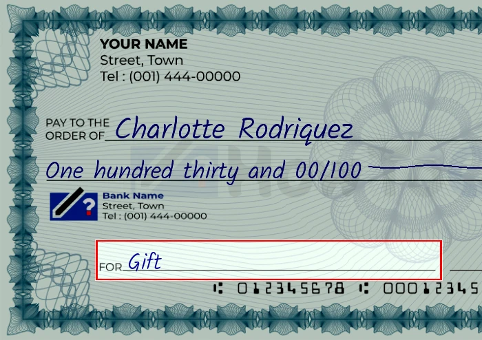Step 5: Fill out the memo on the 130 dollar check, showing a check with 'Gift' written in the memo field