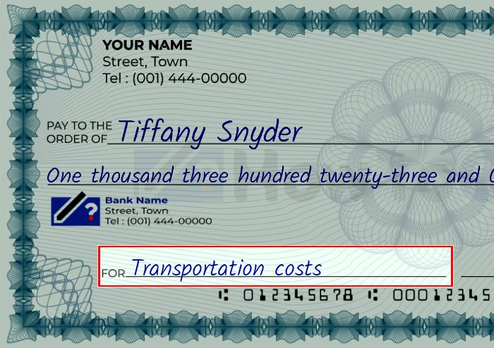 Step 5: Fill out the memo on the 1323 dollar check, showing a check with 'Transportation costs' written in the memo field