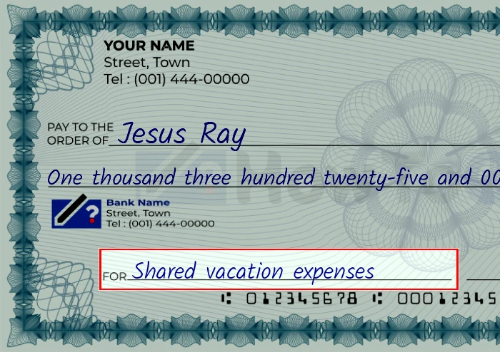 Step 5: Fill out the memo on the 1325 dollar check, showing a check with 'Shared vacation expenses' written in the memo field