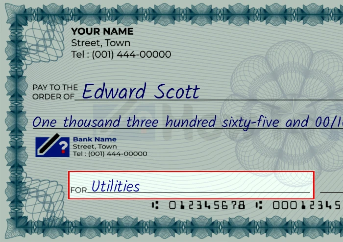 Step 5: Fill out the memo on the 1365 dollar check, showing a check with 'Utilities' written in the memo field
