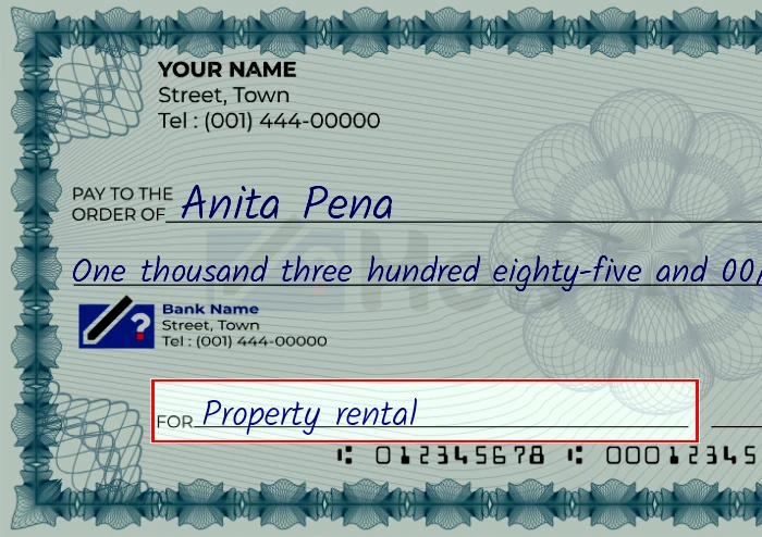 Step 5: Fill out the memo on the 1385 dollar check, showing a check with 'Property rental' written in the memo field