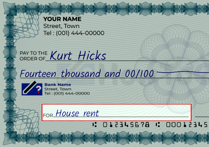 Step 5: Fill out the memo on the 14000 dollar check, showing a check with 'House rent' written in the memo field