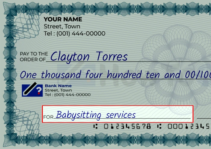 Step 5: Fill out the memo on the 1410 dollar check, showing a check with 'Babysitting services' written in the memo field