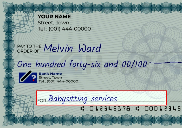 Step 5: Fill out the memo on the 146 dollar check, showing a check with 'Babysitting services' written in the memo field