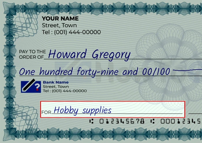 Step 5: Fill out the memo on the 149 dollar check, showing a check with 'Hobby supplies' written in the memo field