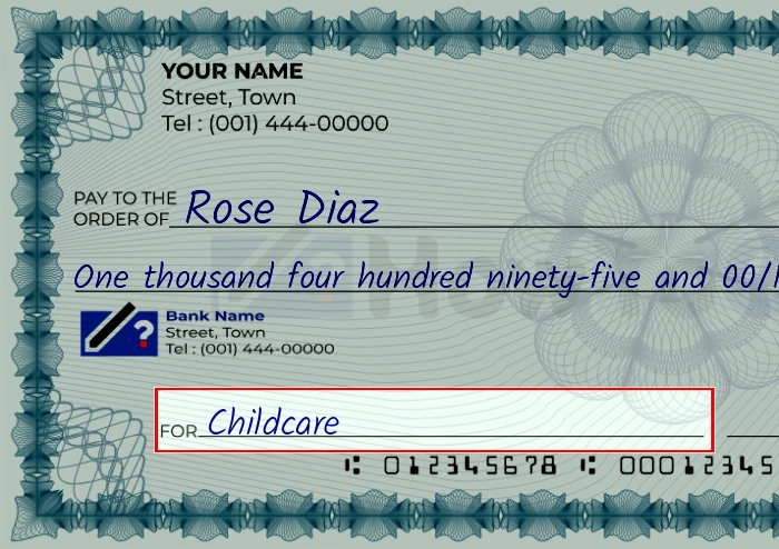 Step 5: Fill out the memo on the 1495 dollar check, showing a check with 'Childcare' written in the memo field