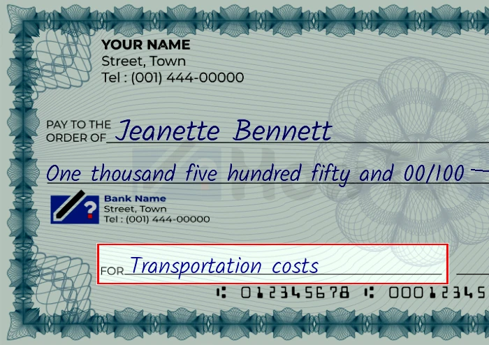 Step 5: Fill out the memo on the 1550 dollar check, showing a check with 'Transportation costs' written in the memo field