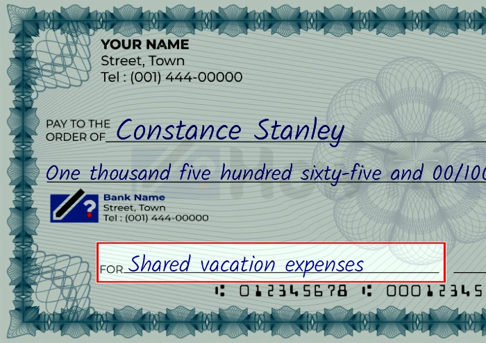 Step 5: Fill out the memo on the 1565 dollar check, showing a check with 'Shared vacation expenses' written in the memo field