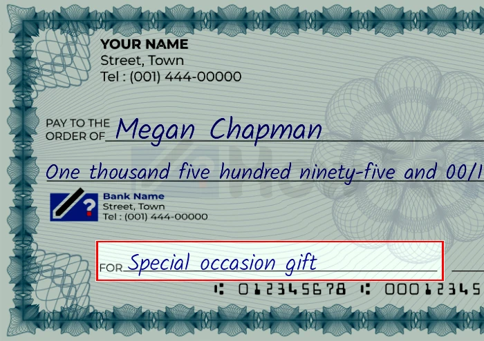 Step 5: Fill out the memo on the 1595 dollar check, showing a check with 'Special occasion gift' written in the memo field