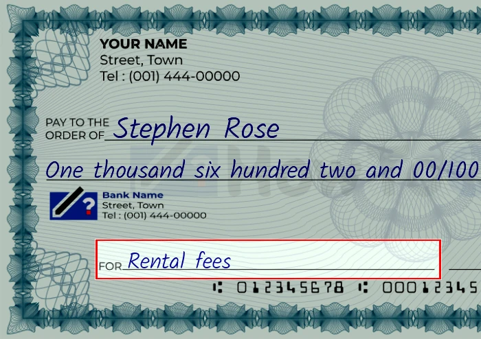Step 5: Fill out the memo on the 1602 dollar check, showing a check with 'Rental fees' written in the memo field