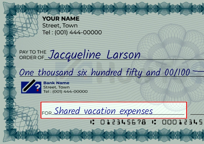 Step 5: Fill out the memo on the 1650 dollar check, showing a check with 'Shared vacation expenses' written in the memo field