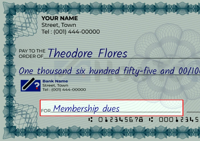 Step 5: Fill out the memo on the 1655 dollar check, showing a check with 'Membership dues' written in the memo field