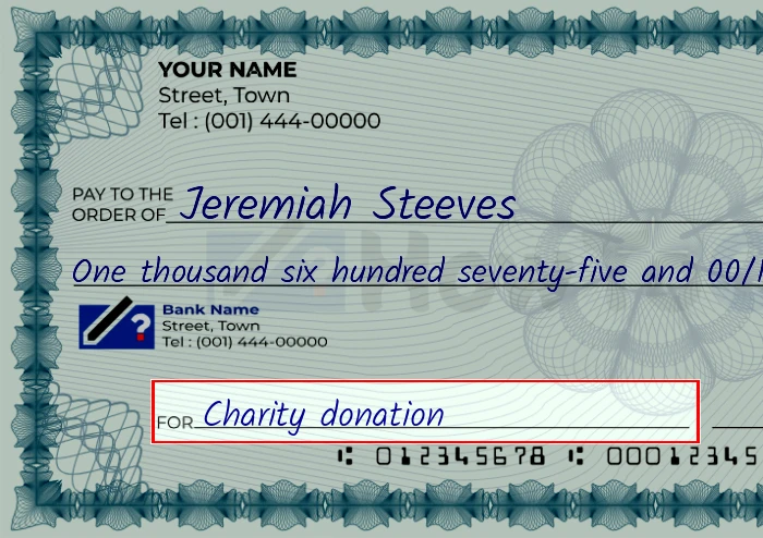 Step 5: Fill out the memo on the 1675 dollar check, showing a check with 'Charity donation' written in the memo field