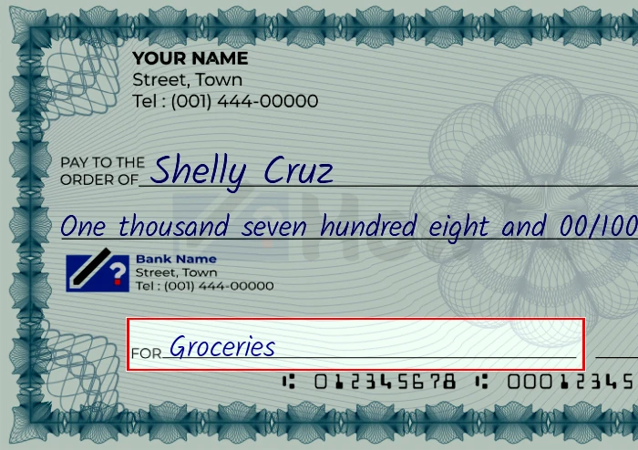 Step 5: Fill out the memo on the 1708 dollar check, showing a check with 'Groceries' written in the memo field