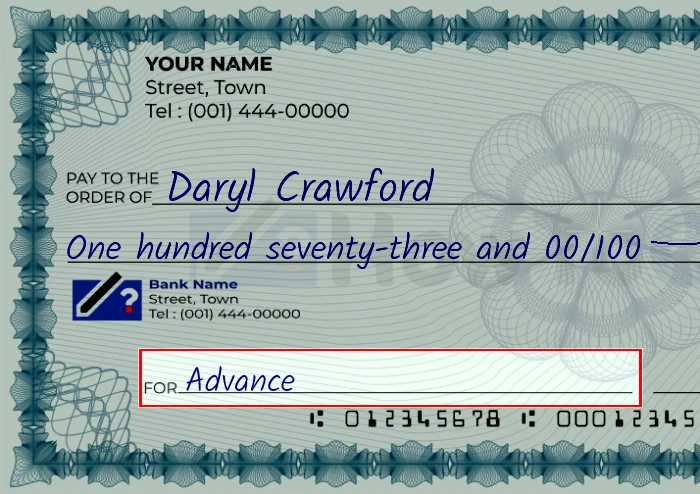 Step 5: Fill out the memo on the 173 dollar check, showing a check with 'Advance' written in the memo field