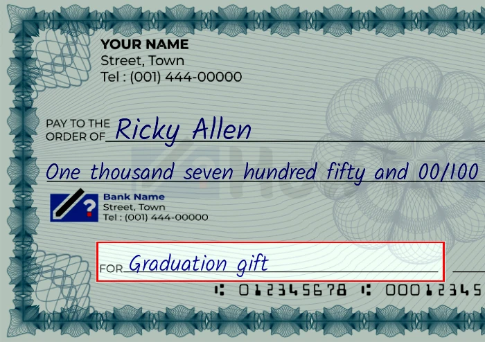 Step 5: Fill out the memo on the 1750 dollar check, showing a check with 'Graduation gift' written in the memo field