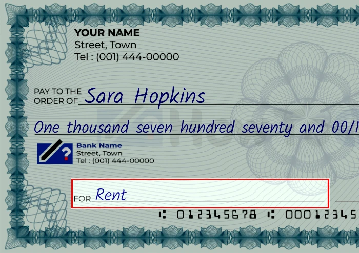 Step 5: Fill out the memo on the 1770 dollar check, showing a check with 'Rent' written in the memo field