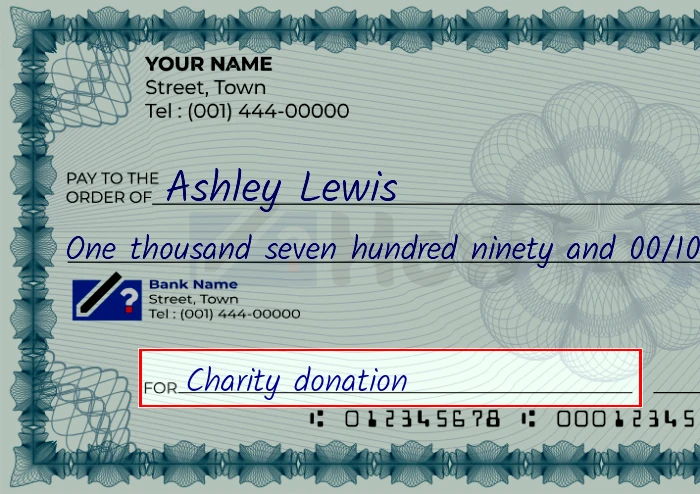 Step 5: Fill out the memo on the 1790 dollar check, showing a check with 'Charity donation' written in the memo field