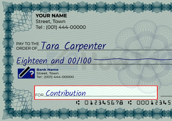 Step 5: Fill out the memo on the 18 dollar check, showing a check with 'Contribution' written in the memo field