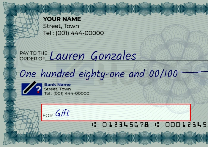 Step 5: Fill out the memo on the 181 dollar check, showing a check with 'Gift' written in the memo field