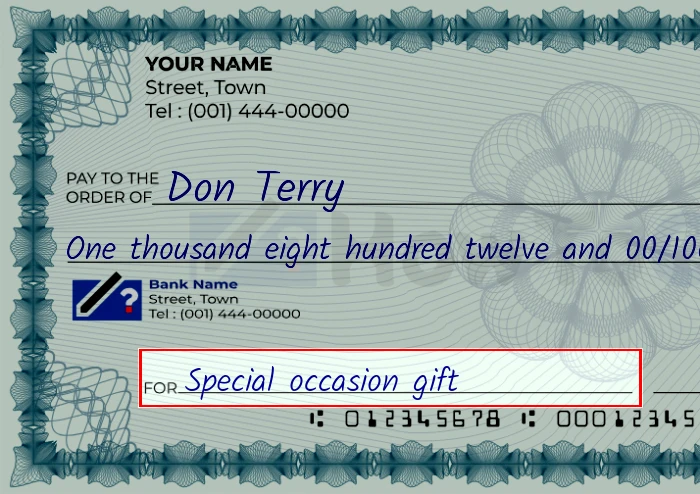Step 5: Fill out the memo on the 1812 dollar check, showing a check with 'Special occasion gift' written in the memo field