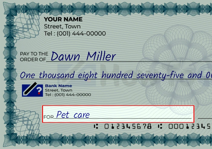 Step 5: Fill out the memo on the 1875 dollar check, showing a check with 'Pet care' written in the memo field